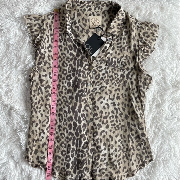 Chaser | NWT Flutter Sleeve Boho Leopard Print Button Down Top - Picture 6 of 12